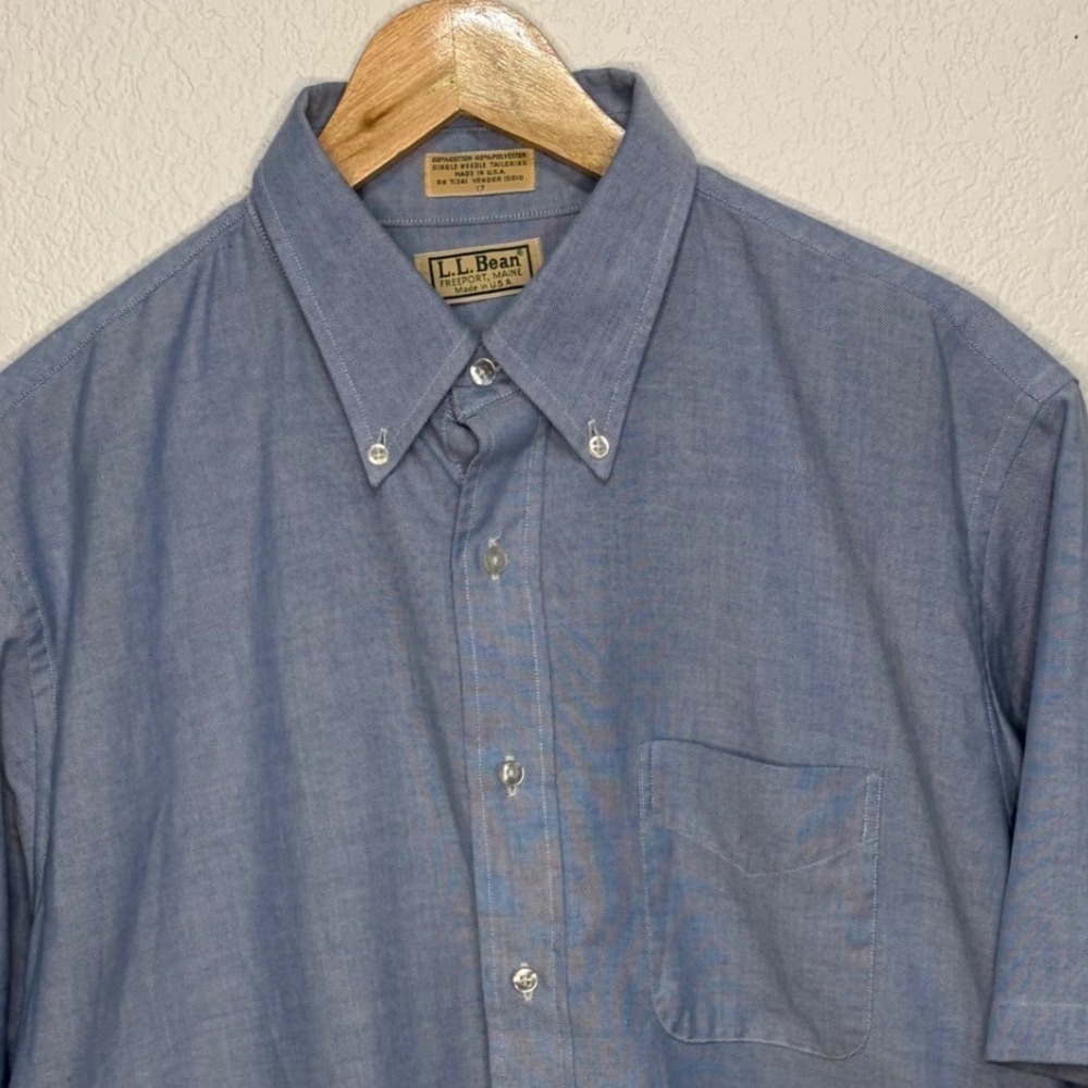 Vintage LL Bean Mens Blue Oxford Short Sleeve Button Down Shirt Made in USA 17 - Picture 2 of 6
